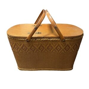 Vintage Redmon Woven Wicker Hinged Wood Top Picnic Basket  Made in USA Indiana